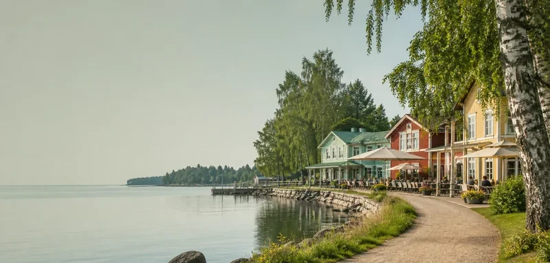 Kuvitus paikallisista palveluista järven rannalla.